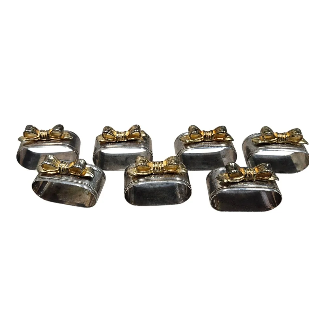 Set of 7 Vintage Silver Napkin‎ Rings Gold Bows Elegant Table Simple Victorian